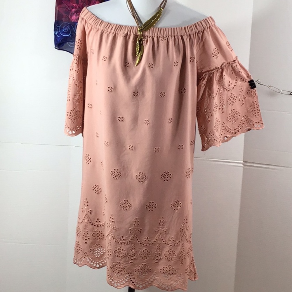 Madewell Off-Shoulder dusty Pink eyelet shift Dress 6